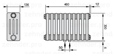 Схема (чертеж) Радиатор Zehnder Charleston 4030/10 №5410 Белый глянцевый RAL 9016